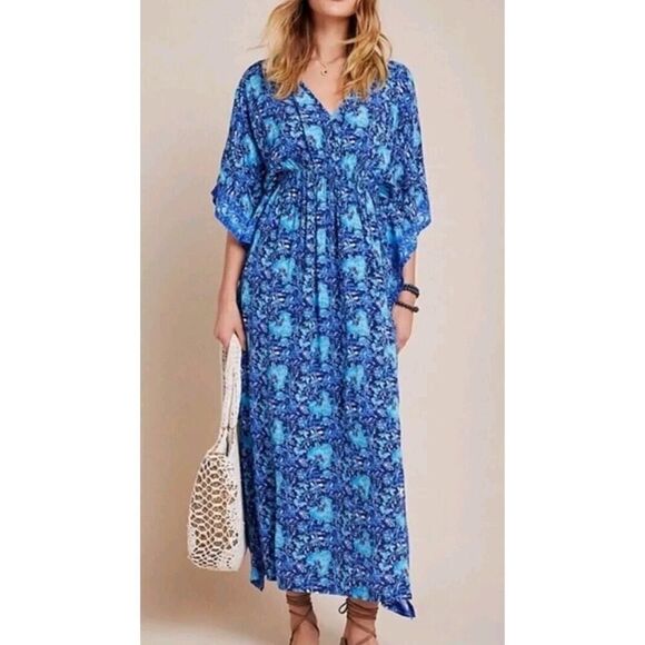 Anthropologie Blue Rujuta Sheth V-Neck Kaftan/Muumuu Cover-up House Dress | M/L - Picture 1 of 13
